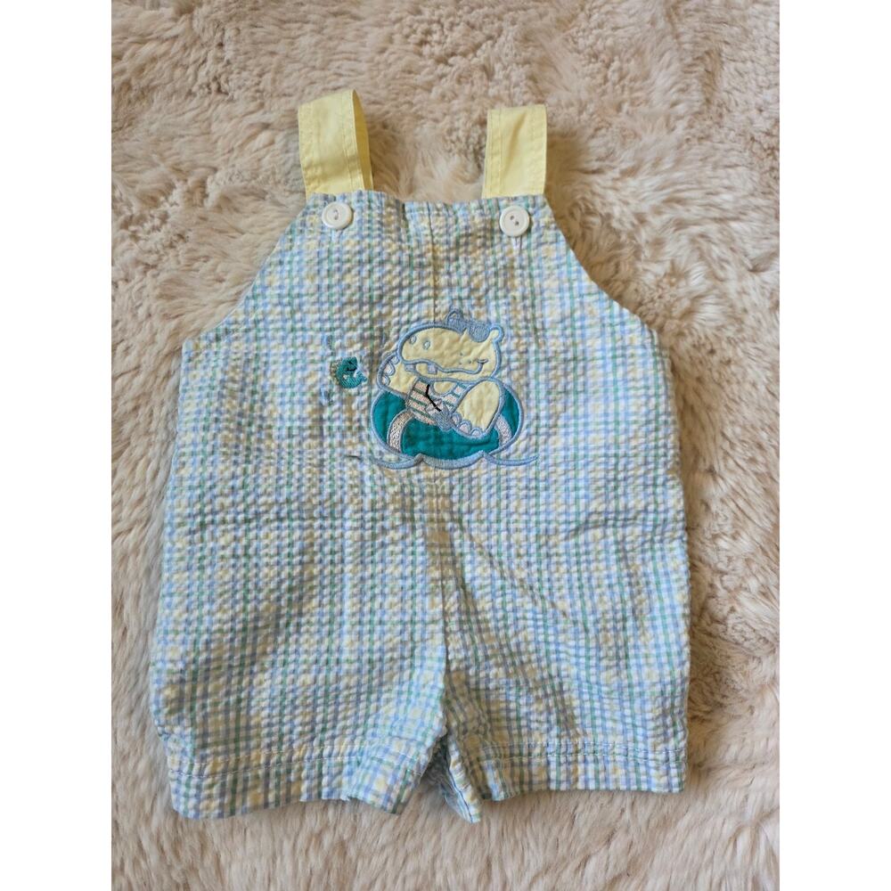 Vintage Seersucker Pastel Plaid Embroidered Hippo Swimming Jon Jon 0-3m B.t Kids